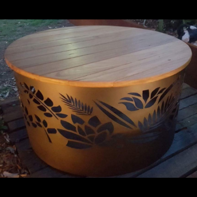 Squat Round Fire Pit with Floral Pattern, Charcoal Heat Proof Paint and Hardwood Lid