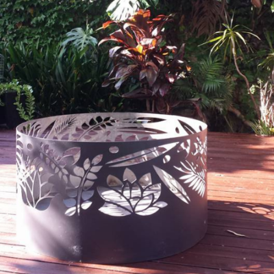 Squat Round Fire Pit with Floral Pattern, Charcoal Heat Proof Paint