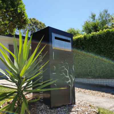 Ironbark Letterbox with Autumn Tree Pattern in Black Powder Coated Aluminium & Perspex Backing- Figtree