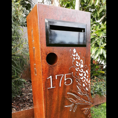 3D Grevillea Letterbox Rusted & Sealed with Perspex & Newspaper Cylinder