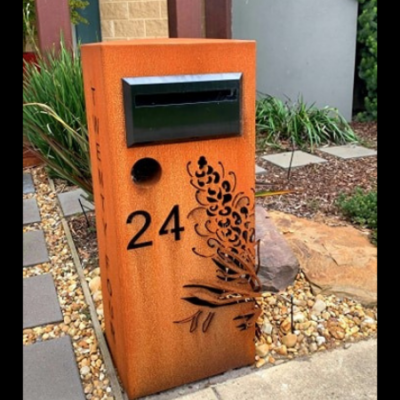 3D Grevillea Letterbox in Rusted Steel - Black Chute