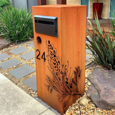 3D Grevillea Letterbox in Rusted Steel - Black Chute