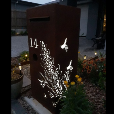 3D Grevillea Letterbox with Bees in Rusted Steel with Perspex