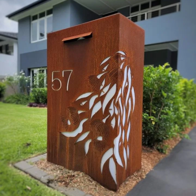 Wide Form Letterbox Gumleaf Cascade in Rust with Perspex