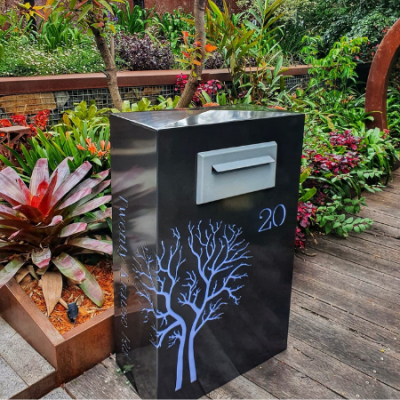 Wide Form Letterbox with Autumn Leaf Pattern in Powder Coated Aluminium and Silver Mail Chute with Perspex