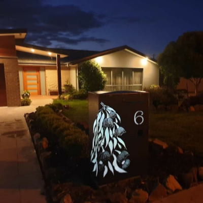 Wide Form Letterbox with Gum Leaf Cascade Pattern in Steel