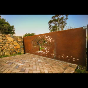 Automated Sliding Gate in Corten Steel with Tree of Life Pattern