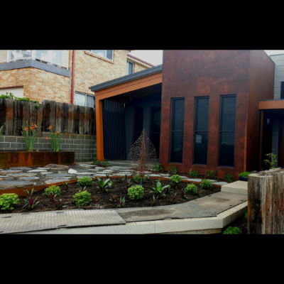 Corten Steel Garden Edging & Planters with Lace Leaf Sculpture- Gerroa