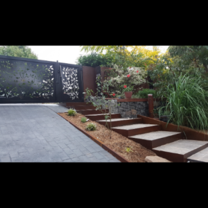 Corten Steel Step Risers & Powder Coated Aluminium Vehicular Gate with Pedestrian Gate- Wollongong