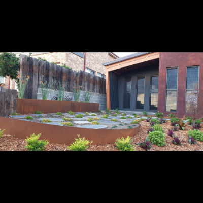 Custom House Sign, Corten Steel Garden Edging & Planters with Lace Leaf Sculpture- Gerroa