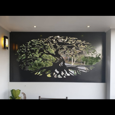 Fig Tree Decorative Screen in Satin Black Powder Coated Aluminium