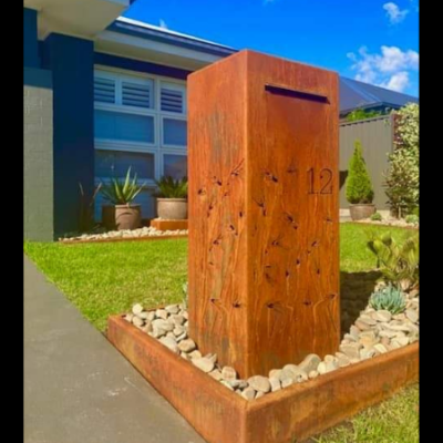 Ironbark Letterbox in Rusted Corten Steel with Sedges Pattern - Custom Chute