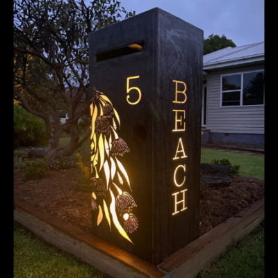 Ironbark Letterbox in Corten Steel with Gum Leaf Cascade Perspex - Custom Chute