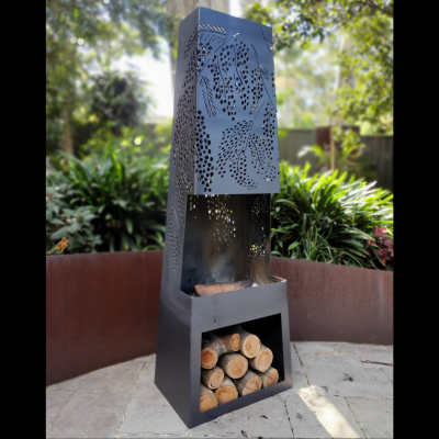 Chiminea with Cootamundra Wattle Pattern in Black Heat Proof Paint