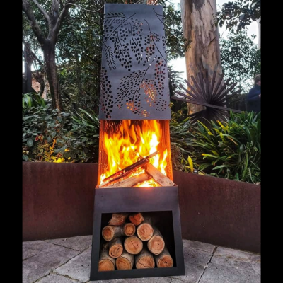 Chiminea with Cootamundra Wattle Pattern in Black Heat Proof Paint