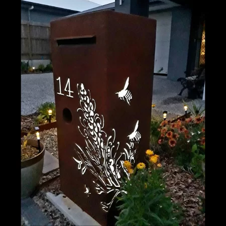 3D Grevillea Letterbox with Bees in Rusted Steel with Perspex