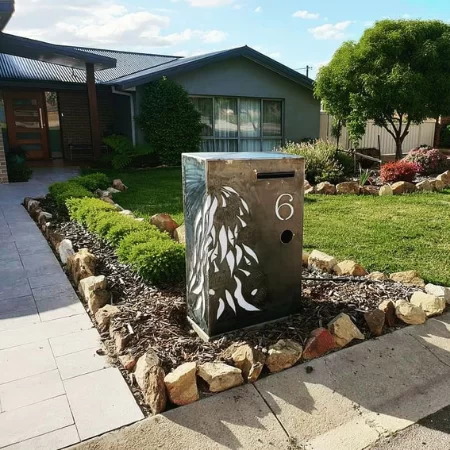 Wide Form Letterbox with Gum Leaf Cascade Pattern in Steel