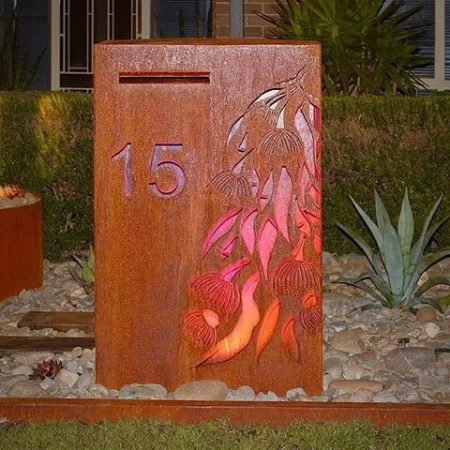 Wide Form Letterbox with Gumleaf Cascade in Rusted Corten Steel with Perspex Backing- Dapto