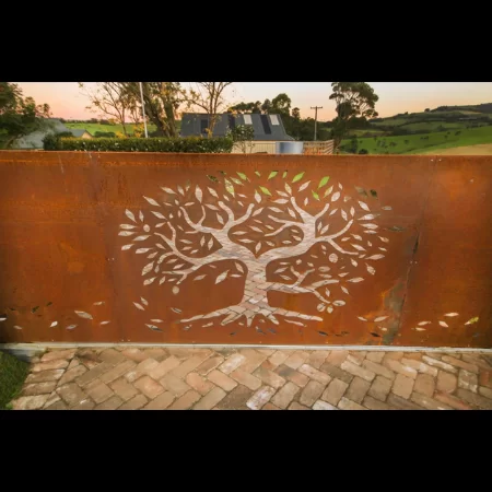 Automated Sliding Gate in Corten Steel with Tree of Life Pattern