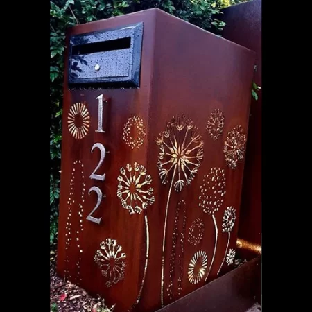 Ironbark Letterbox in Rusted Corten Steel with Agapanthas Pattern and Custom Stainless Steel Numbers- Figtree